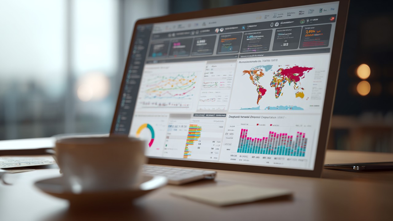 Close-up of a computer screen with SEO tools, multilingual keyword data, charts, and heatmaps in a digital marketing workspace.