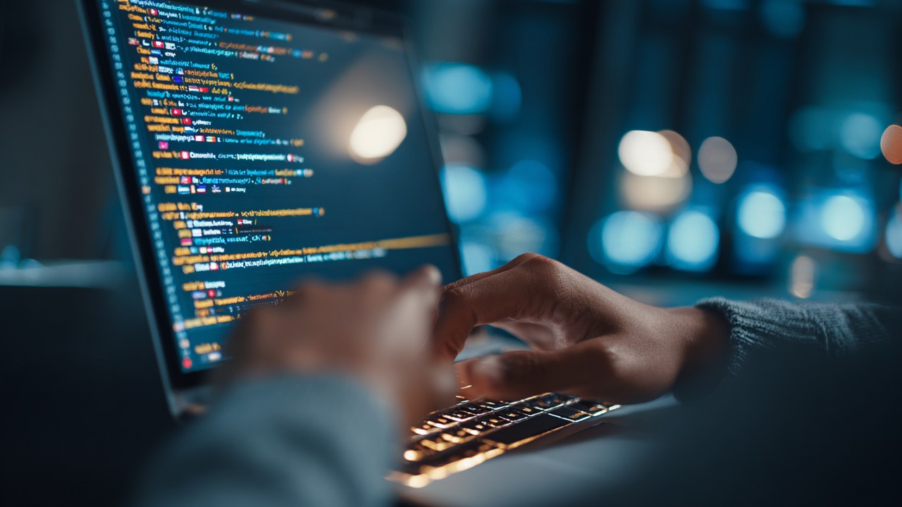 Close-up of a web developer analyzing code with hreflang tags on a laptop, surrounded by language flags, highlighting multilingual SEO management.