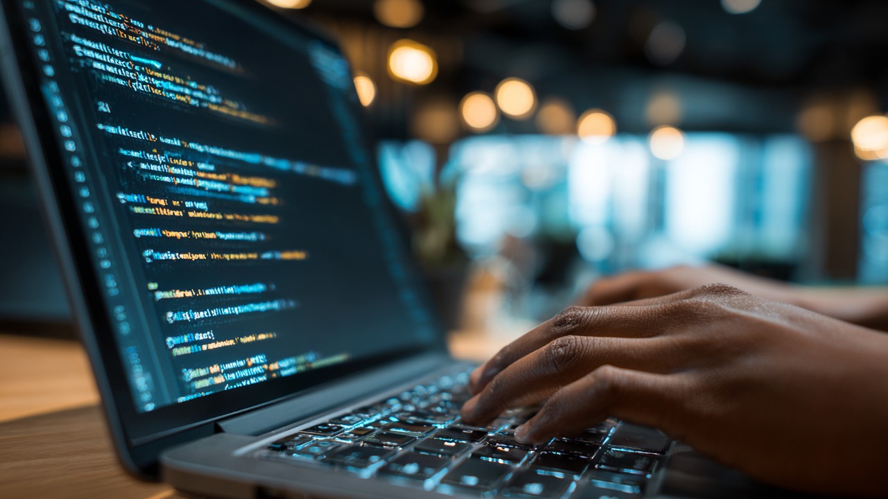 Close-up of a web developer's hands typing HTML code on a laptop, focusing on hreflang tags for technical SEO in a modern workspace.