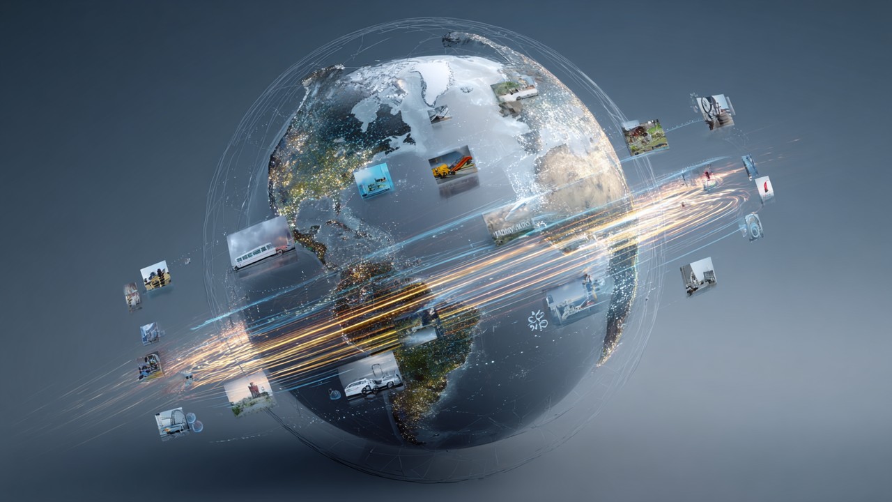 Conceptual globe illustrating website latency, digital data paths, large media files, caching, and plugins causing performance bottlenecks.