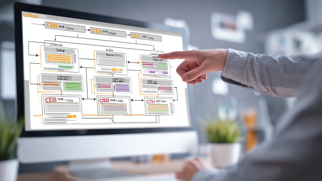 Conceptual illustration of website architecture diagram showing URL structures like ccTLDs, subdomains, and subdirectories on a computer screen with a person pointing, highlighting multiregional site organization.