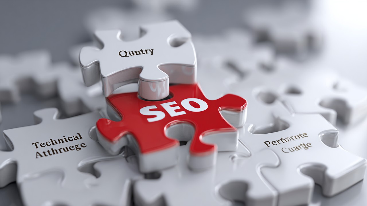 Conceptual image of puzzle pieces labeled 'Content Quality,' 'Technical SEO,' 'Site Architecture,' and 'Performance' coming together to illustrate comprehensive SEO success.