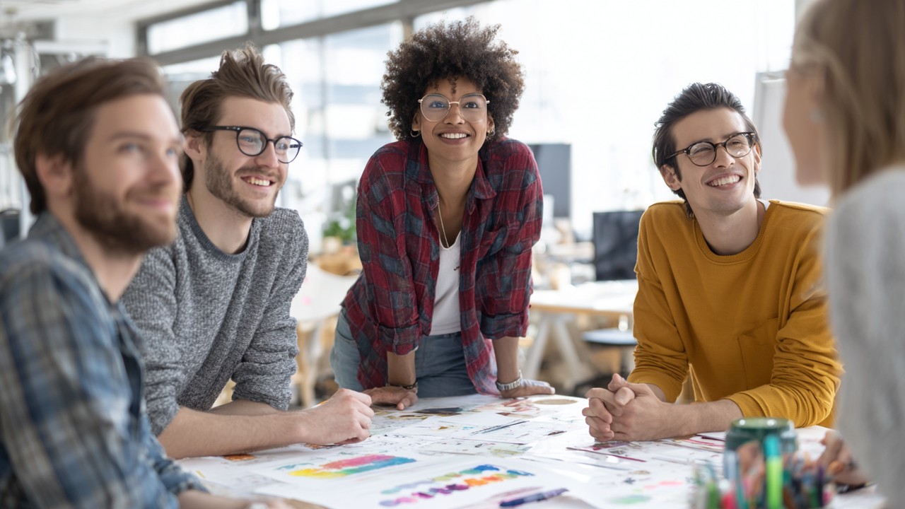 Creative team discussing content localization strategies in a bright office, with multilingual marketing materials on the table.
