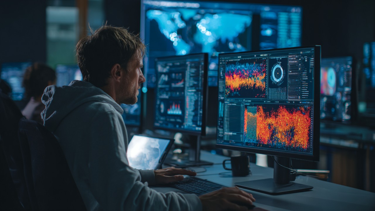 Digital analyst monitoring user behavior analytics on multiple screens displaying heatmaps, session recordings, and geographic data in a dimly lit control room.