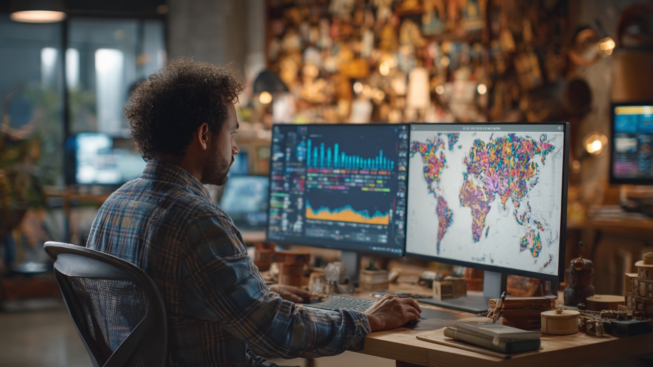 Digital marketer analyzing keyword research data on multiple screens with graphs and maps in a modern, culturally diverse workspace.