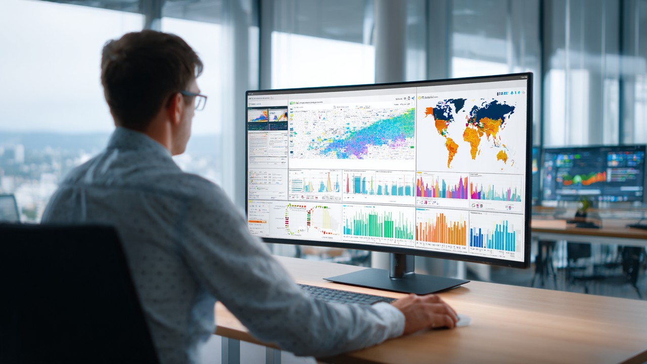 Digital marketing analyst reviewing multilingual SEO performance dashboards with graphs and analytics on a large monitor in a modern office.