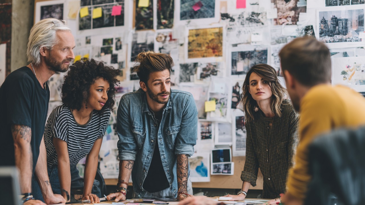 Diverse creative team brainstorming culturally sensitive content ideas with mood boards and notes on tone and visuals.