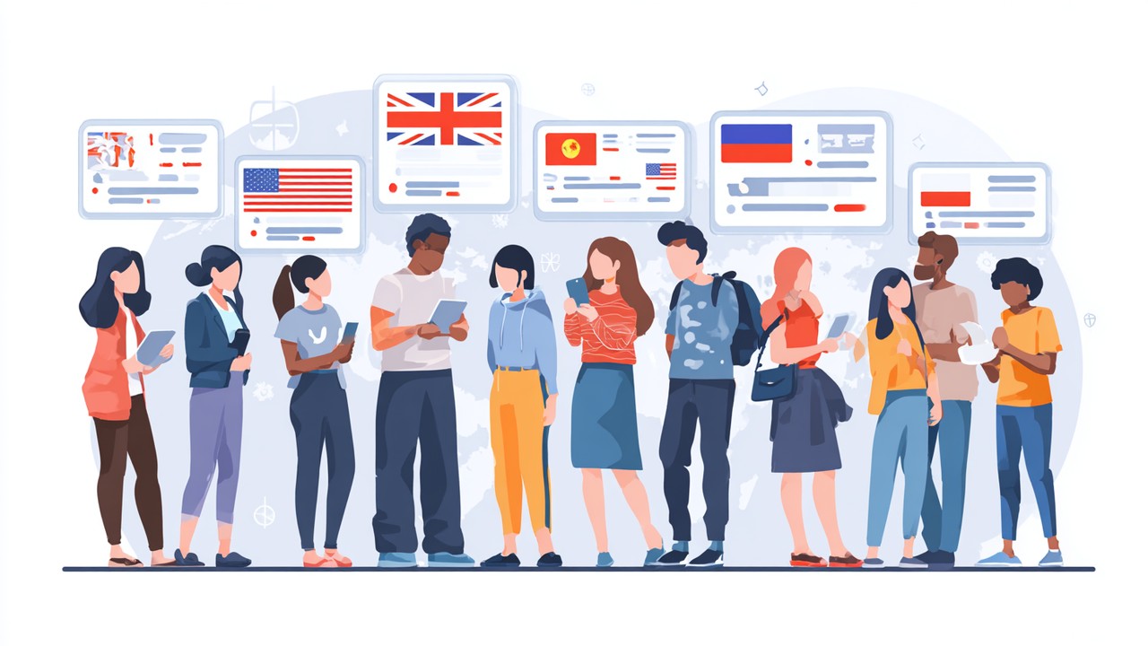 Diverse internet users from different cultural backgrounds engaging with websites displaying localized URLs on various devices, highlighting URL structure and user trust.