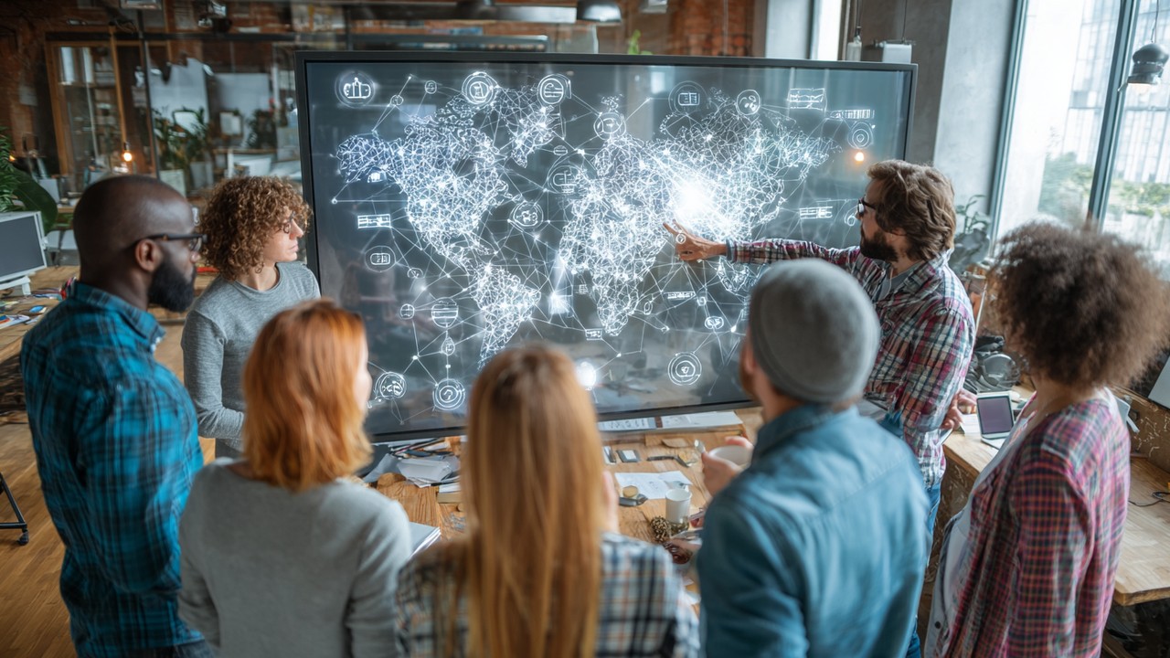 Diverse professionals collaborating around a digital world map on a screen, illustrating global online presence and international SEO strategy in a modern office.