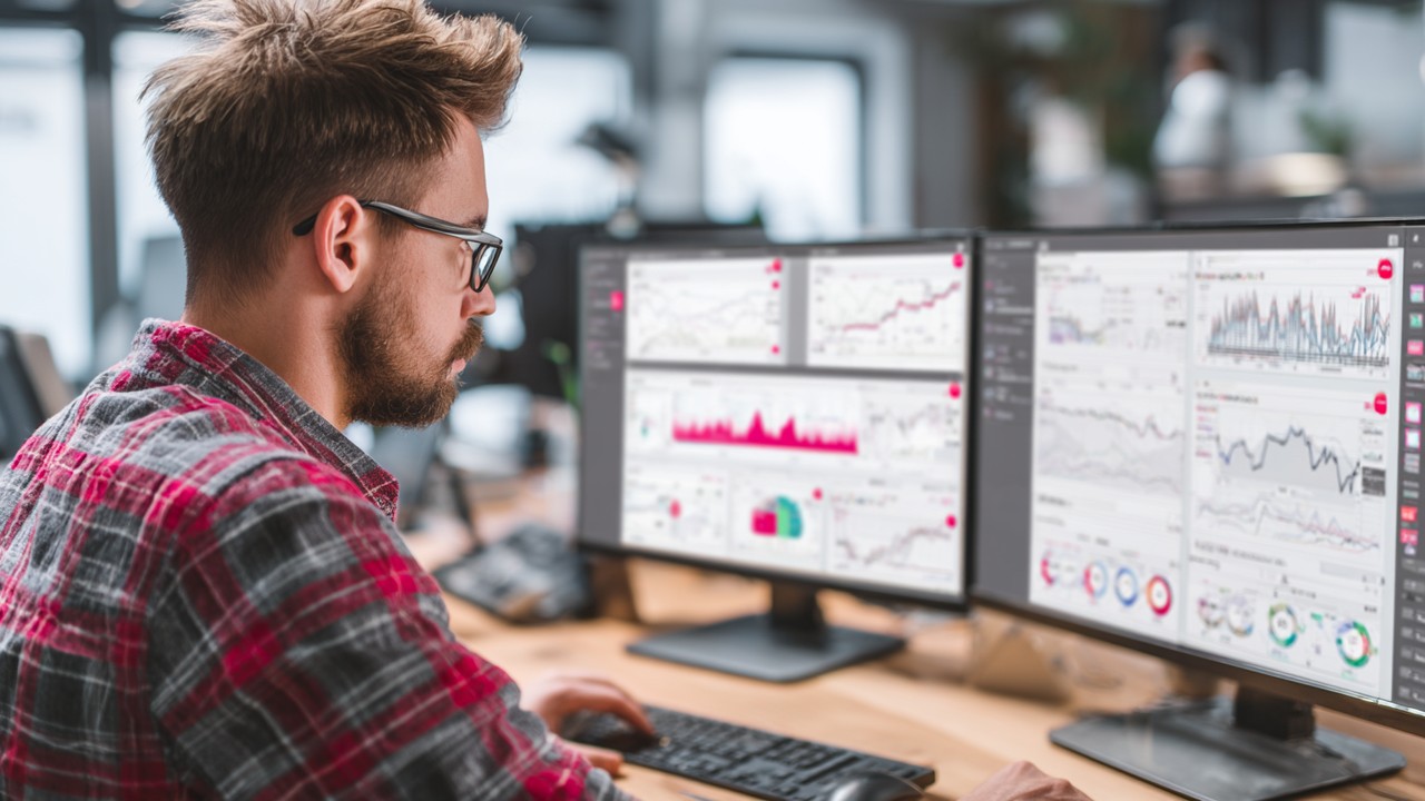 Focused SEO specialist analyzing website analytics and hreflang validation tools on multiple monitors in a modern office setting.