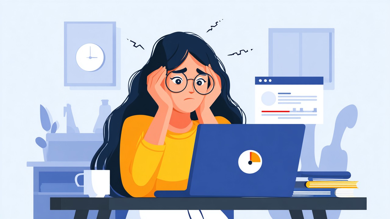 Frustrated user with a laptop in a modern workspace, experiencing slow website loading, highlighting the impact of page speed on user experience and SEO.