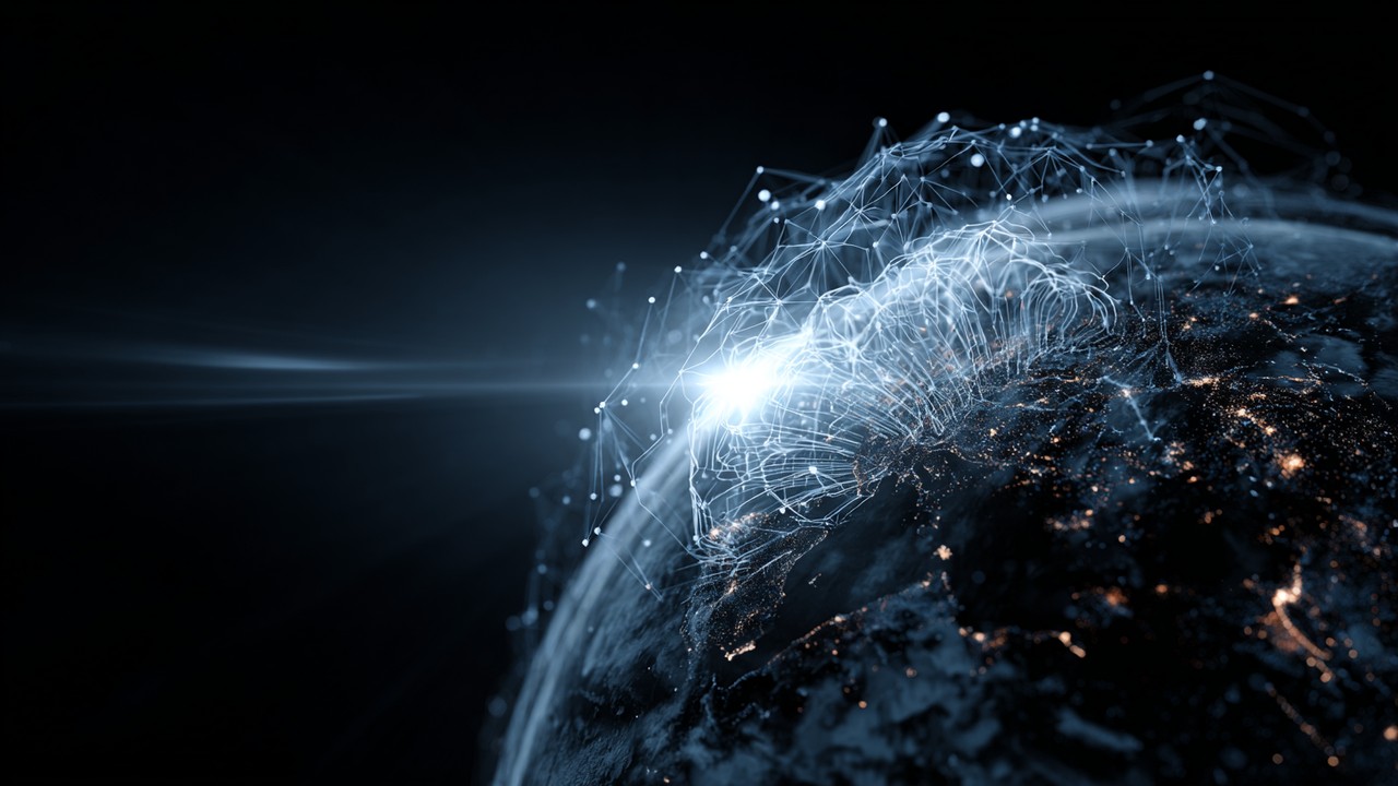 Futuristic AI visualization with neural network graphics over a globe, representing machine learning analyzing multilingual search data.