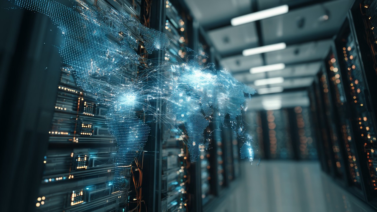 Futuristic data center with glowing server racks and holographic world map, symbolizing advanced global web hosting and content delivery.