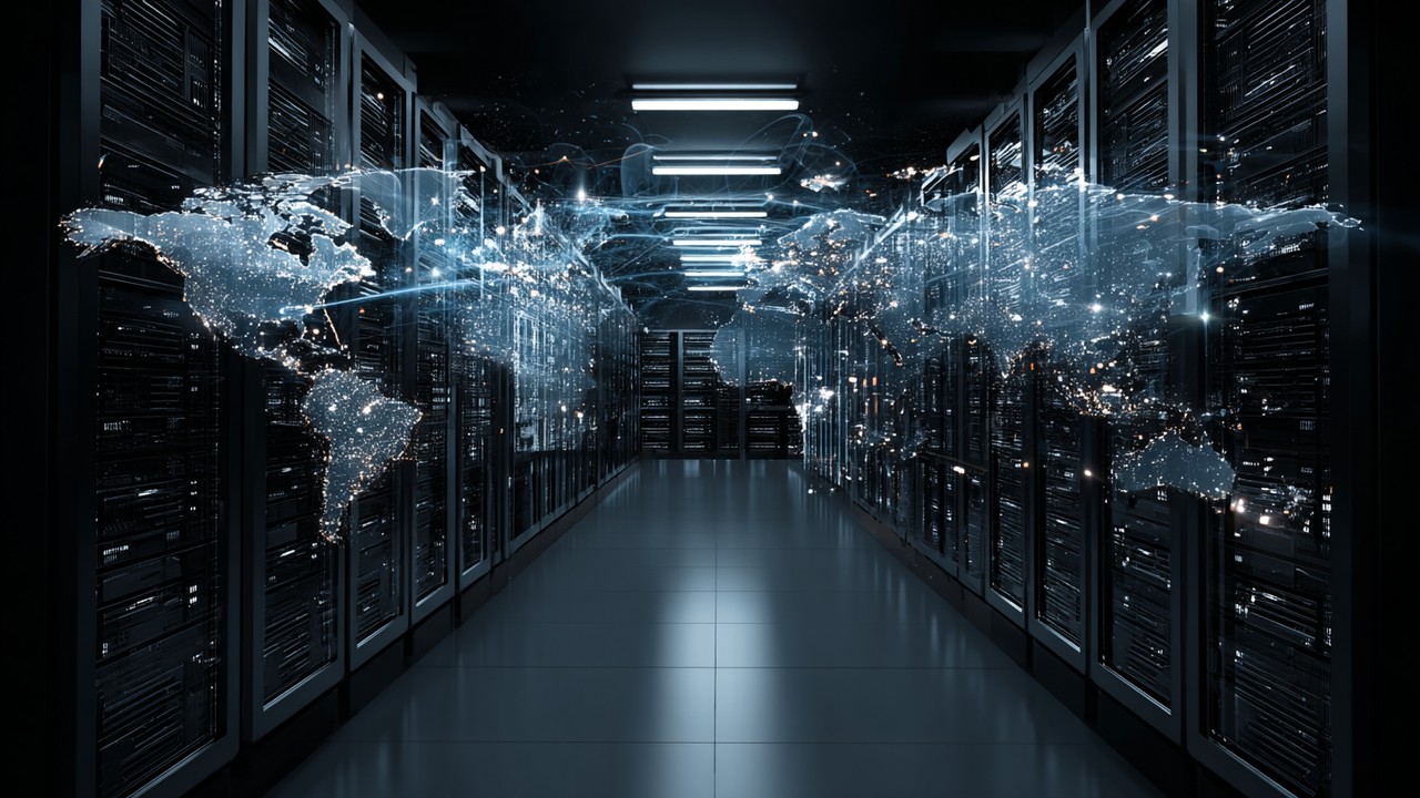 Futuristic data center with glowing servers and network cables overlaid on a global map, symbolizing advanced hosting and fast worldwide content delivery.