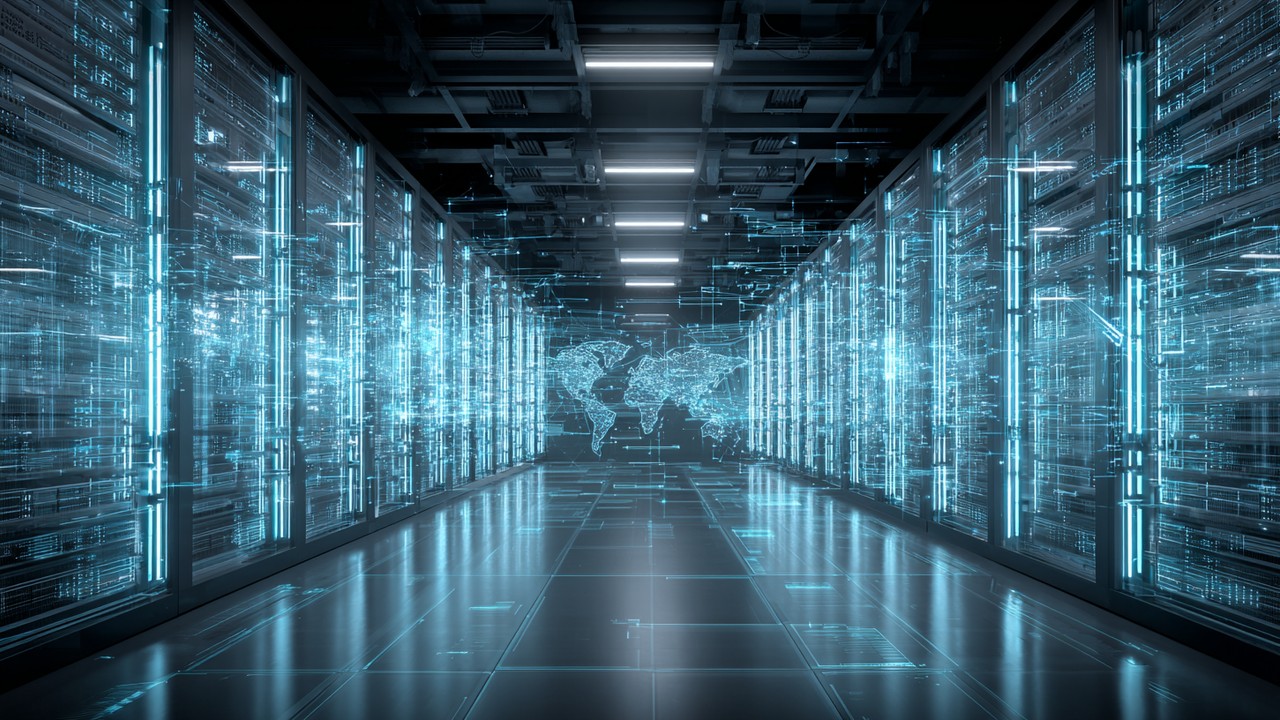 Futuristic server room with glowing edge servers and digital network connections, illustrating global content delivery and reliable web hosting infrastructure.