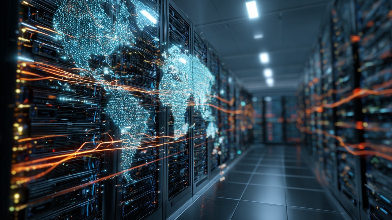 High-tech server room with glowing network cables and digital data flow graphics, representing global content delivery network and website speed.