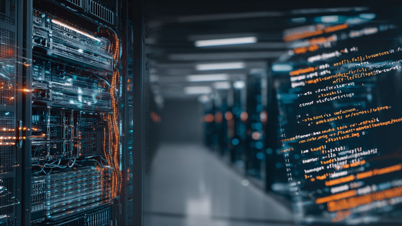 High-tech server room with glowing racks and network cables, close-up of a computer screen displaying code and hreflang tags for multilingual SEO.