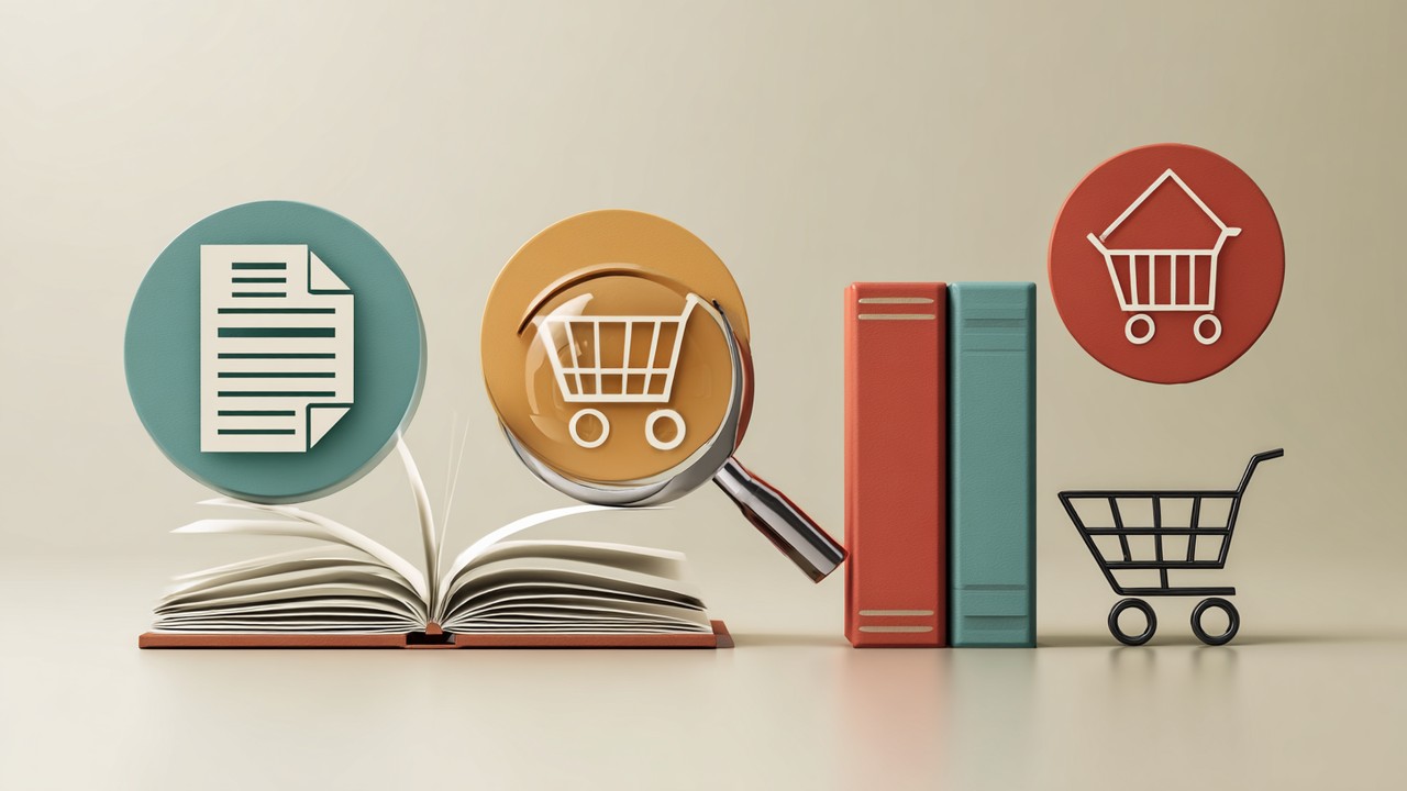Infographic showing four search intent categories: informational, navigational, transactional, and commercial investigation, with icons like a book, compass, shopping cart, and magnifying glass.