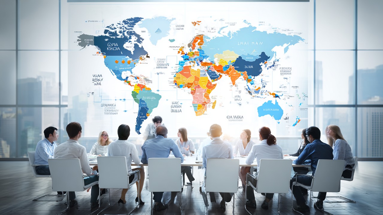 Modern diverse team collaborating around a large screen with a world map, illustrating global digital marketing and international SEO.