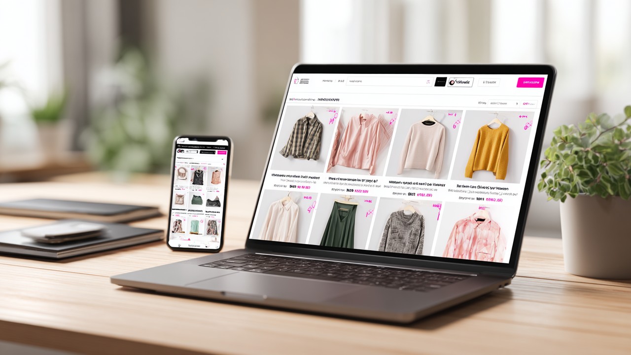 Modern e-commerce website interface on laptop and smartphone displaying localized fashion products with country-specific currency and language in a bright workspace.