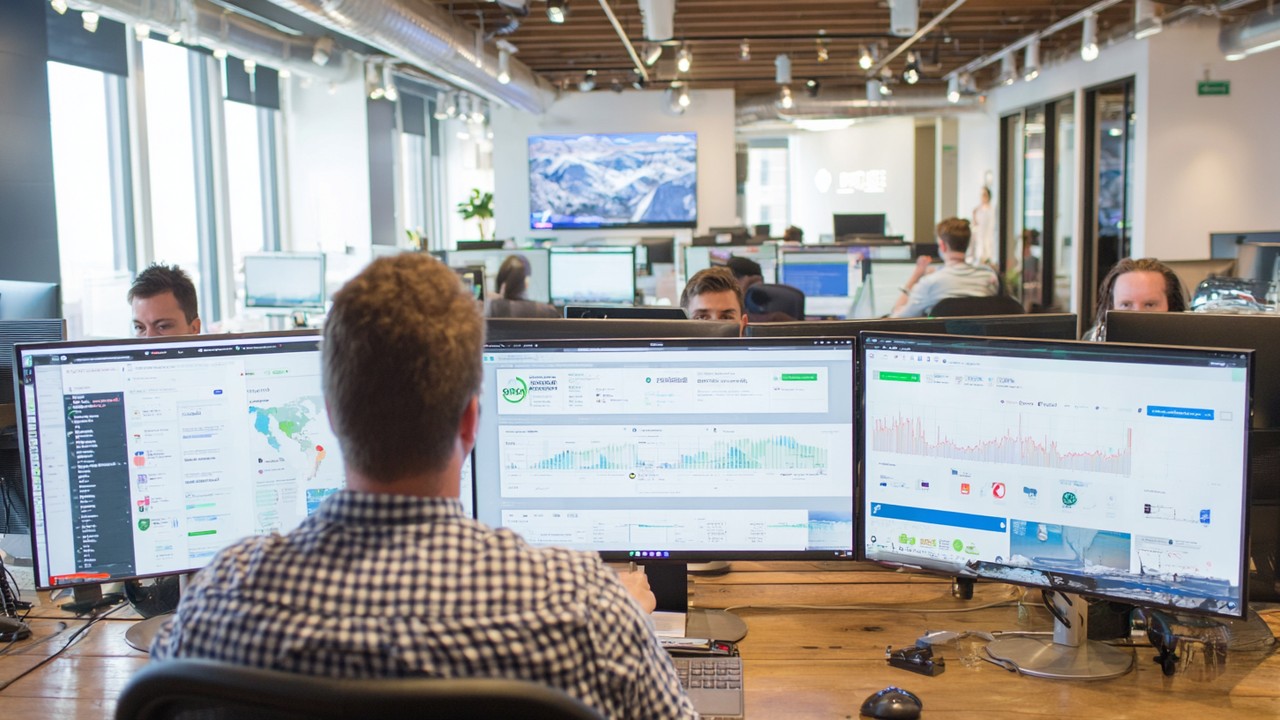 Modern office with SEO analysts analyzing dashboards on large screens displaying Google Search Console, SEMrush, and Screaming Frog tools for SEO troubleshooting.