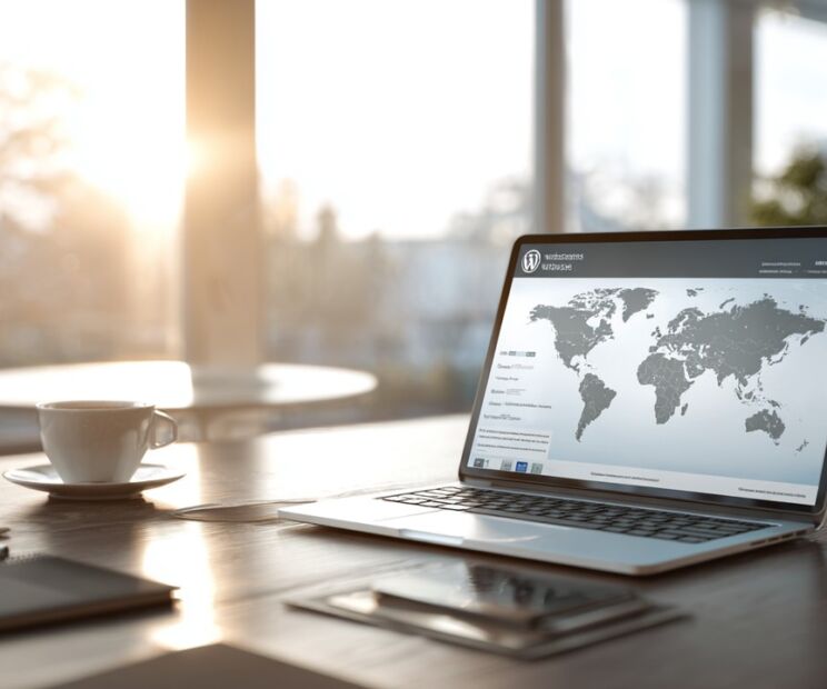 Modern workspace with a laptop showing WordPress dashboard, globe in background, coffee cup, natural daylight, emphasizing website speed optimization.