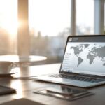 Modern workspace with a laptop showing WordPress dashboard, globe in background, coffee cup, natural daylight, emphasizing website speed optimization.