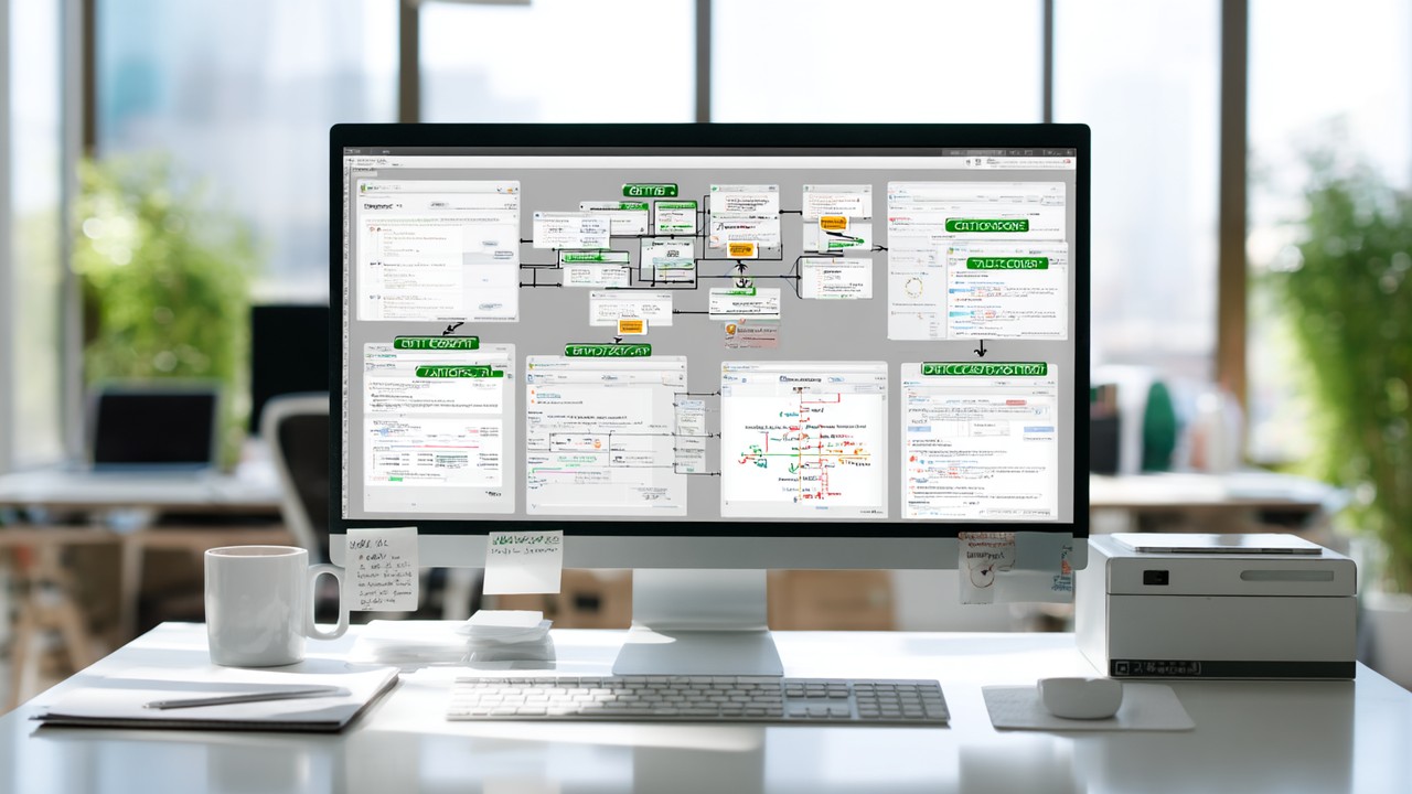 Organized workspace with computer screen displaying multiple browser windows showing URL formats like ccTLDs, subdomains, and subdirectories, with notes on URL hierarchy and international SEO.