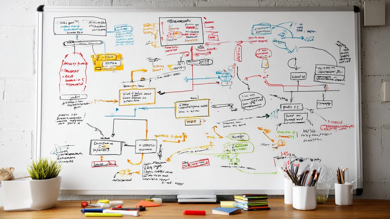 Overhead view of a whiteboard with website sitemap and flowcharts illustrating site architecture and navigation paths for SEO optimization.