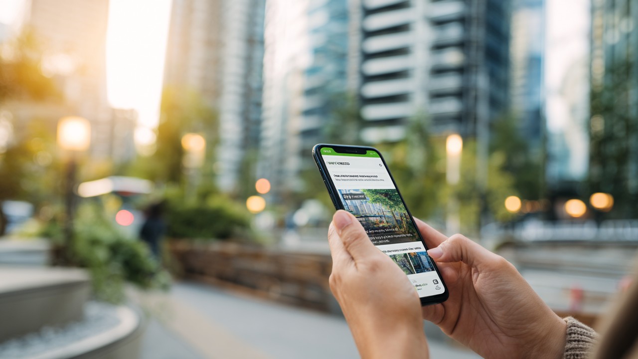 Person using smartphone outdoors in urban setting, showcasing mobile-optimized website and global connectivity with vibrant city background.