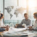 Professional diverse marketing team discussing global strategy in a modern office with maps, laptops, and international data charts.