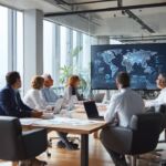 Professional diverse team collaborating in a modern office, discussing global content strategy maps on a digital screen.