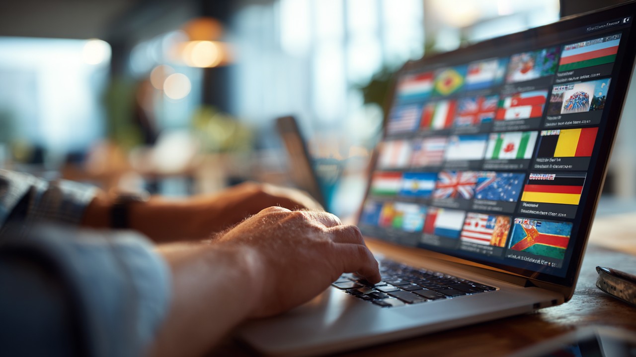 Professional web developer working on a laptop with multiple browser tabs showing country flags, focused on international website optimization.