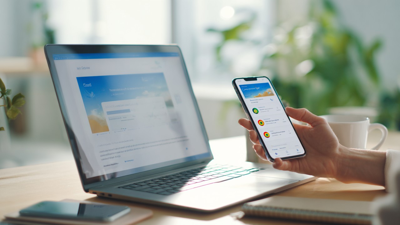 Realistic stock photo of a user interacting with a multilingual website on a laptop and smartphone in a bright, user-friendly workspace.