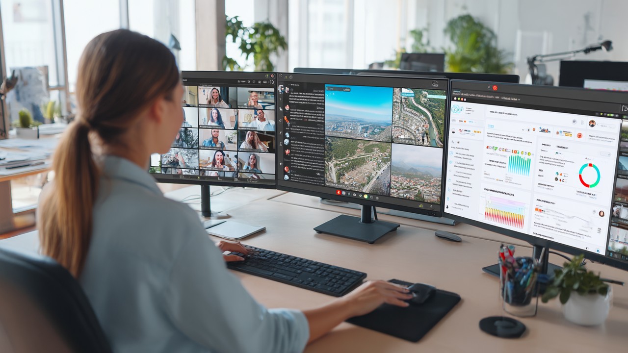Social media manager engaging with local influencers via video call in a modern office, showcasing social media platforms and analytics dashboards for local backlink building and social signal strategies.