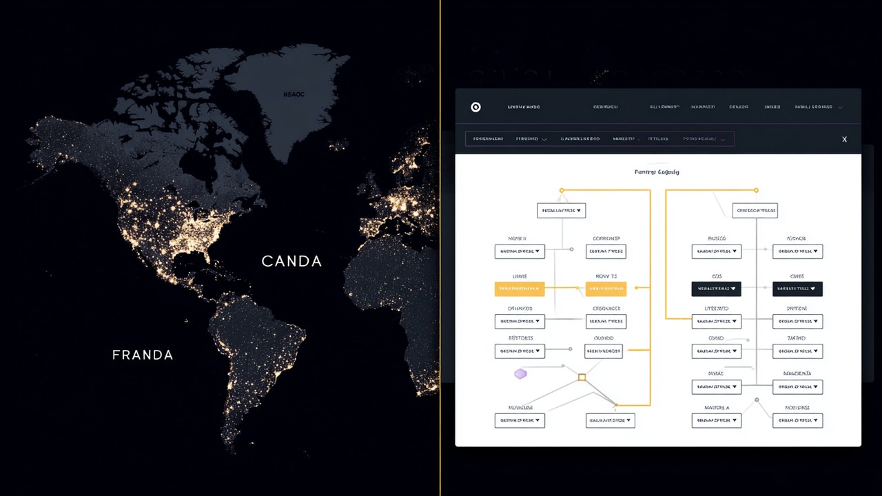 Split-screen image showing a world map highlighting France, Canada, Belgium, and a website sitemap with ccTLDs and hreflang tags for country and language targeting.