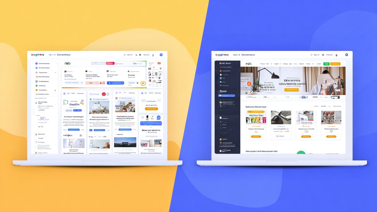 Split-screen of two e-commerce landing pages: one detailed with Asian design elements and reviews, the other minimalist with European style, showcasing cultural SEO strategies.