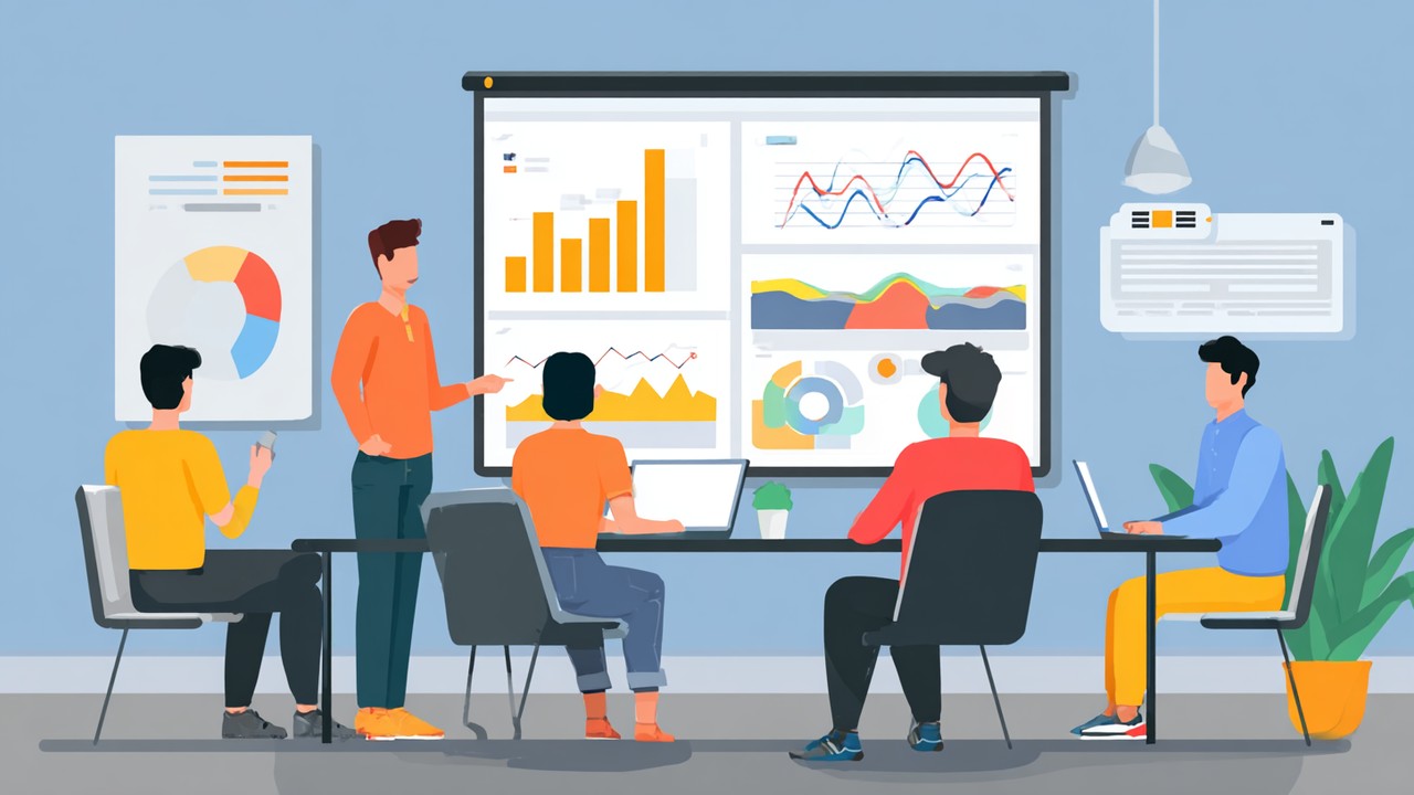 Team of digital marketers analyzing website analytics and SEO data on a large screen in a modern office environment.