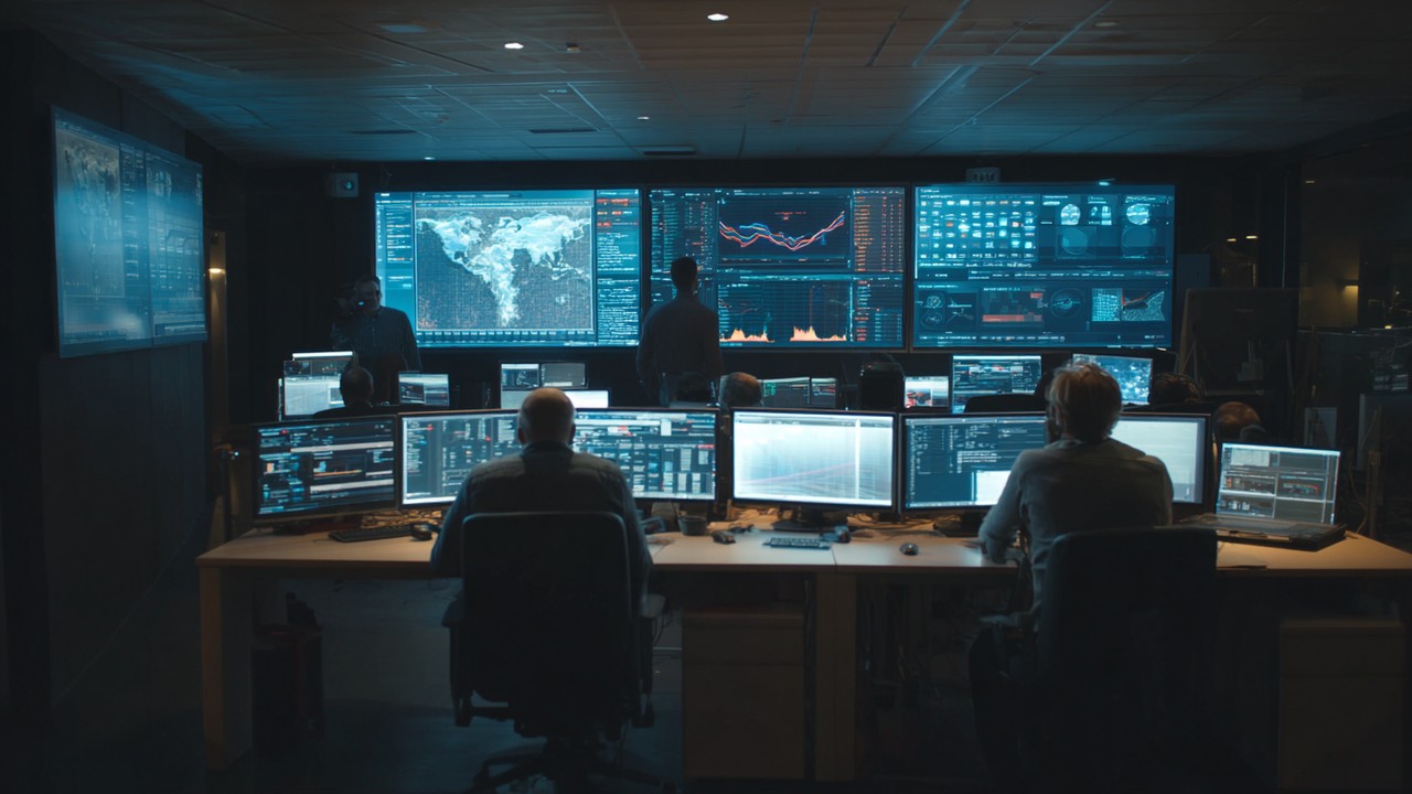 Technical team analyzing website crawl reports on multiple monitors in a dimly lit control room, emphasizing crawlability and SEO.