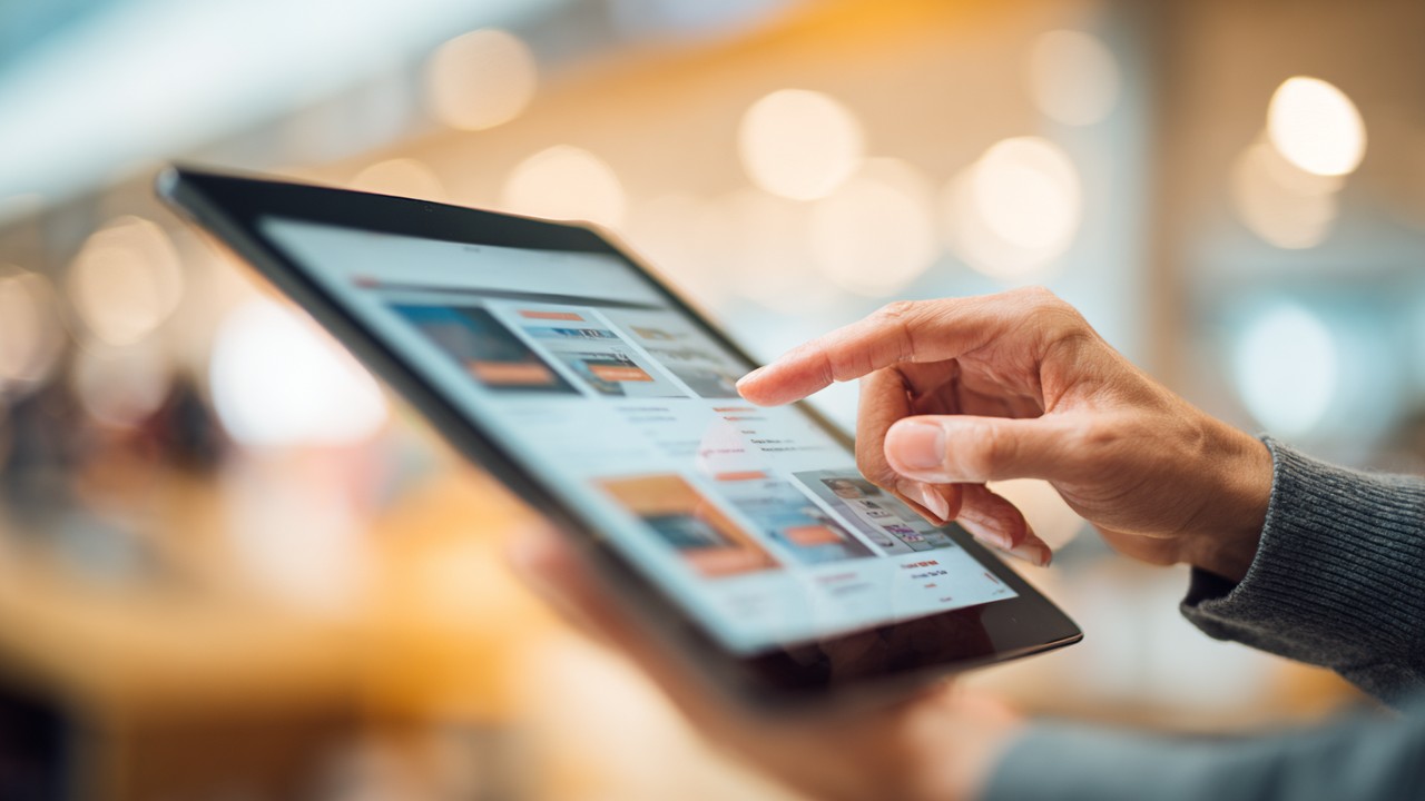 User interacting with a tablet displaying a clean website navigation menu, emphasizing logical site structure and internal linking.