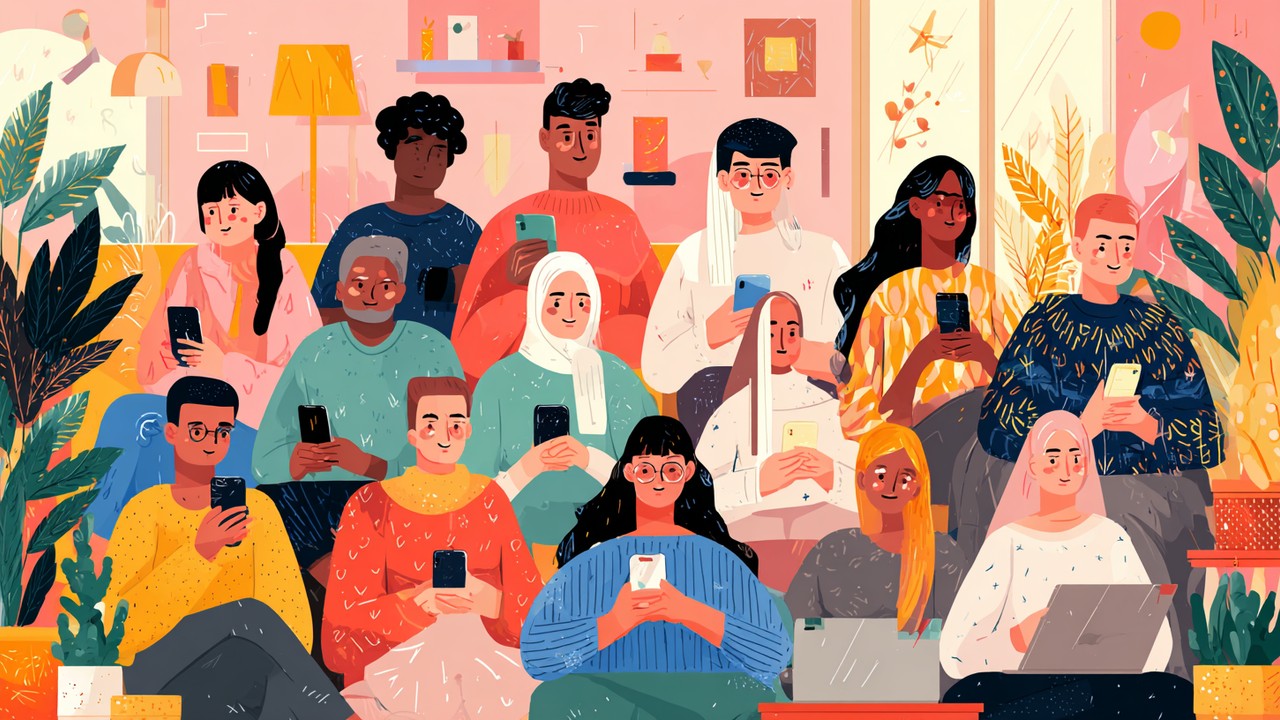 Vibrant collage of diverse people using smartphones and laptops in various cultural settings, illustrating global search behaviors.